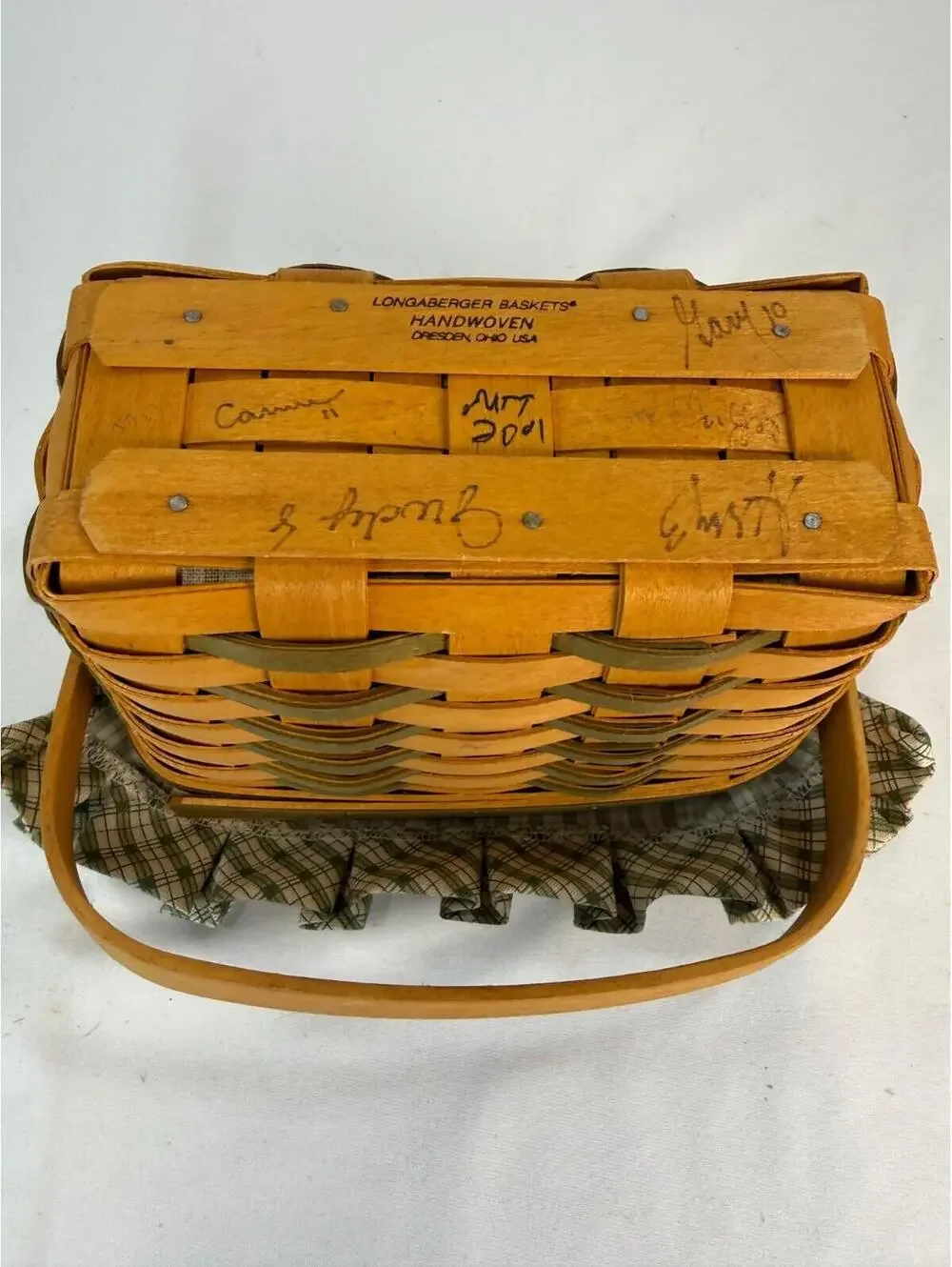2001 Longaberger Dresden Green Weave Basket w/Plaid Liner & Protector Signed